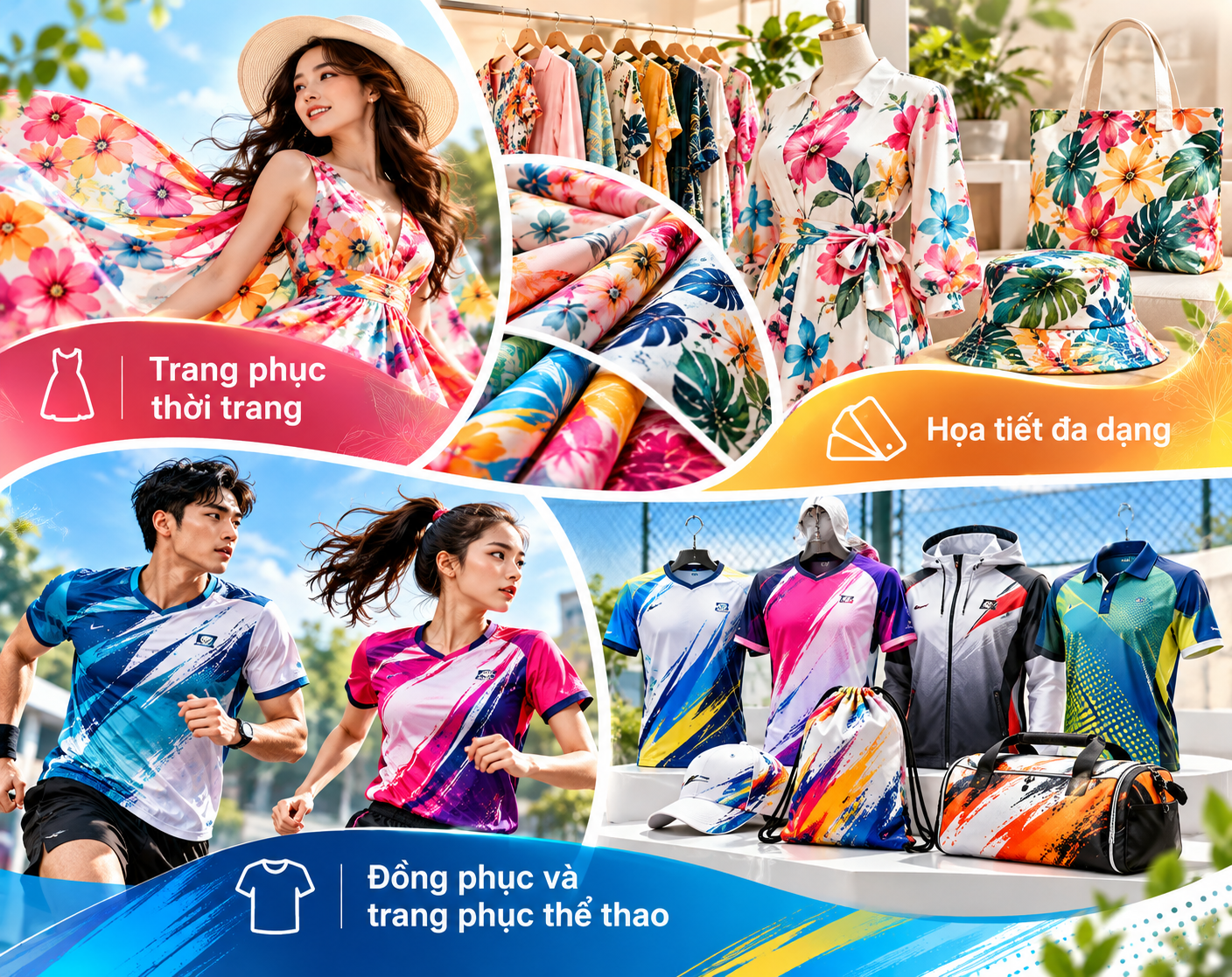 Minh họa thiết kế thời trang đầy màu sắc, ứng dụng in chuyển nhiệt